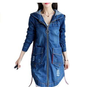 Women's Denim Jacket Long Zipper Ripped Blue Jean